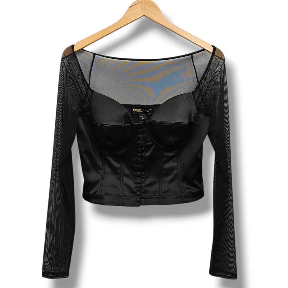 Guess Gatsby Corset Top M Black Satin Mesh Bustier Sexy Goth Dark Romance Glam